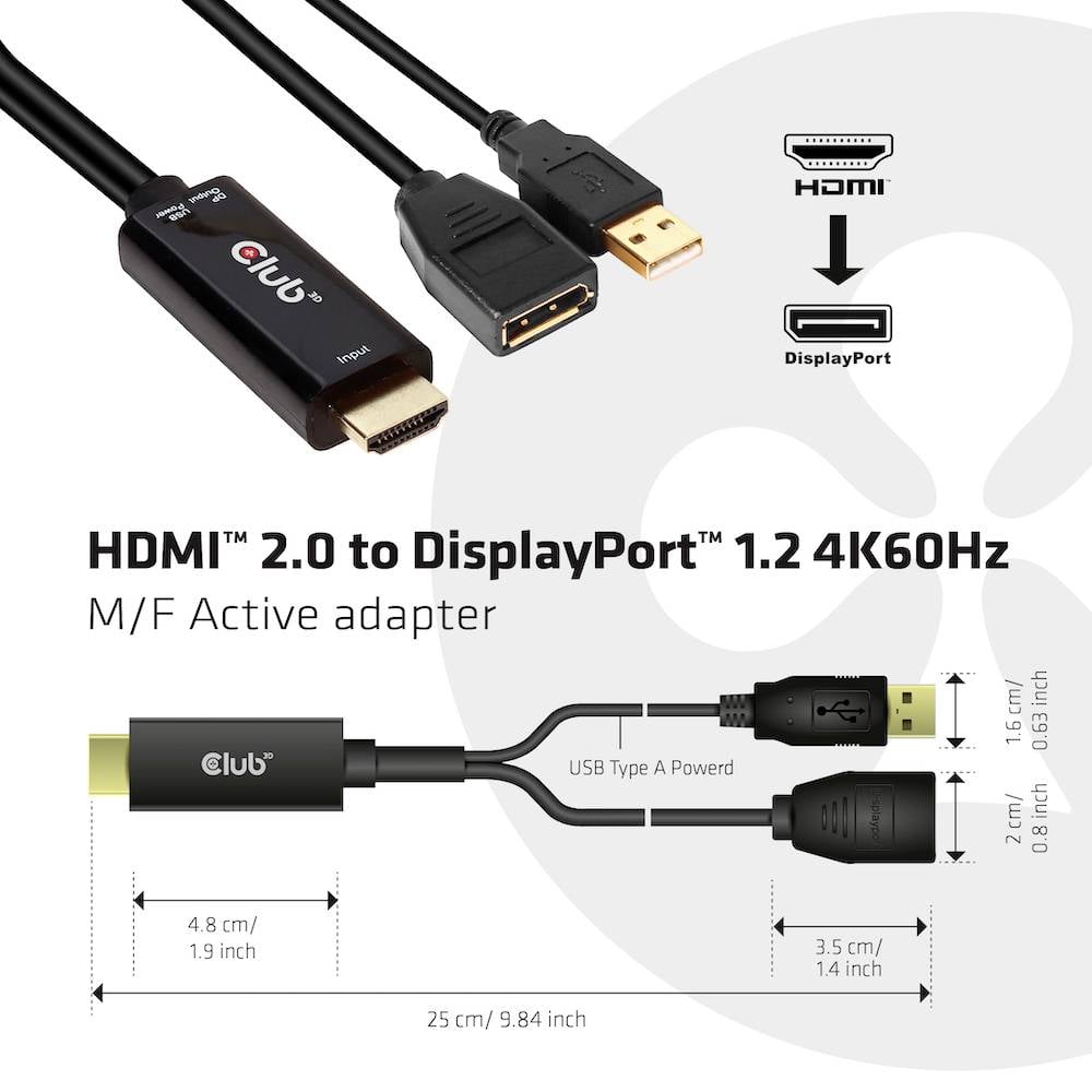 HDMI-zu-DisplayPort-Adapter mit Stromversorgung. Links HDMI-Anschluss, rechts DisplayPort und USB-Anschluss. Maße: 9,5 x 4,8 x 2 cm.