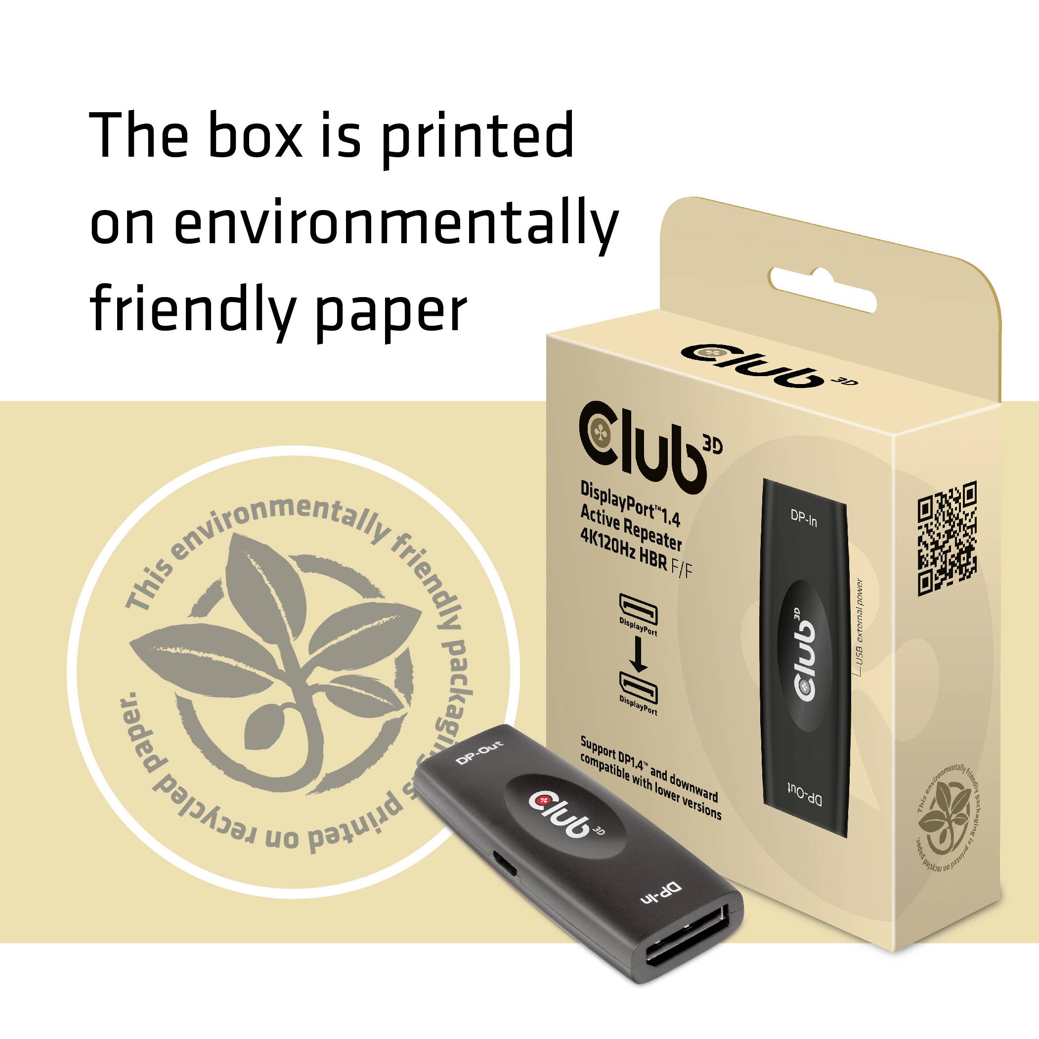 Das Bild zeigt eine Produktverpackung aus umweltfreundlichem Papier für einen 'DisplayPort 1.4 Active Repeater'.
