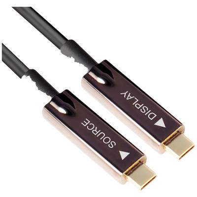 Zwei schwarze Kabel mit Metallsteckern, die mit 'SOURCE' und 'DISPLAY' beschriftet sind. Sie sind für Video- oder Datentransfer.