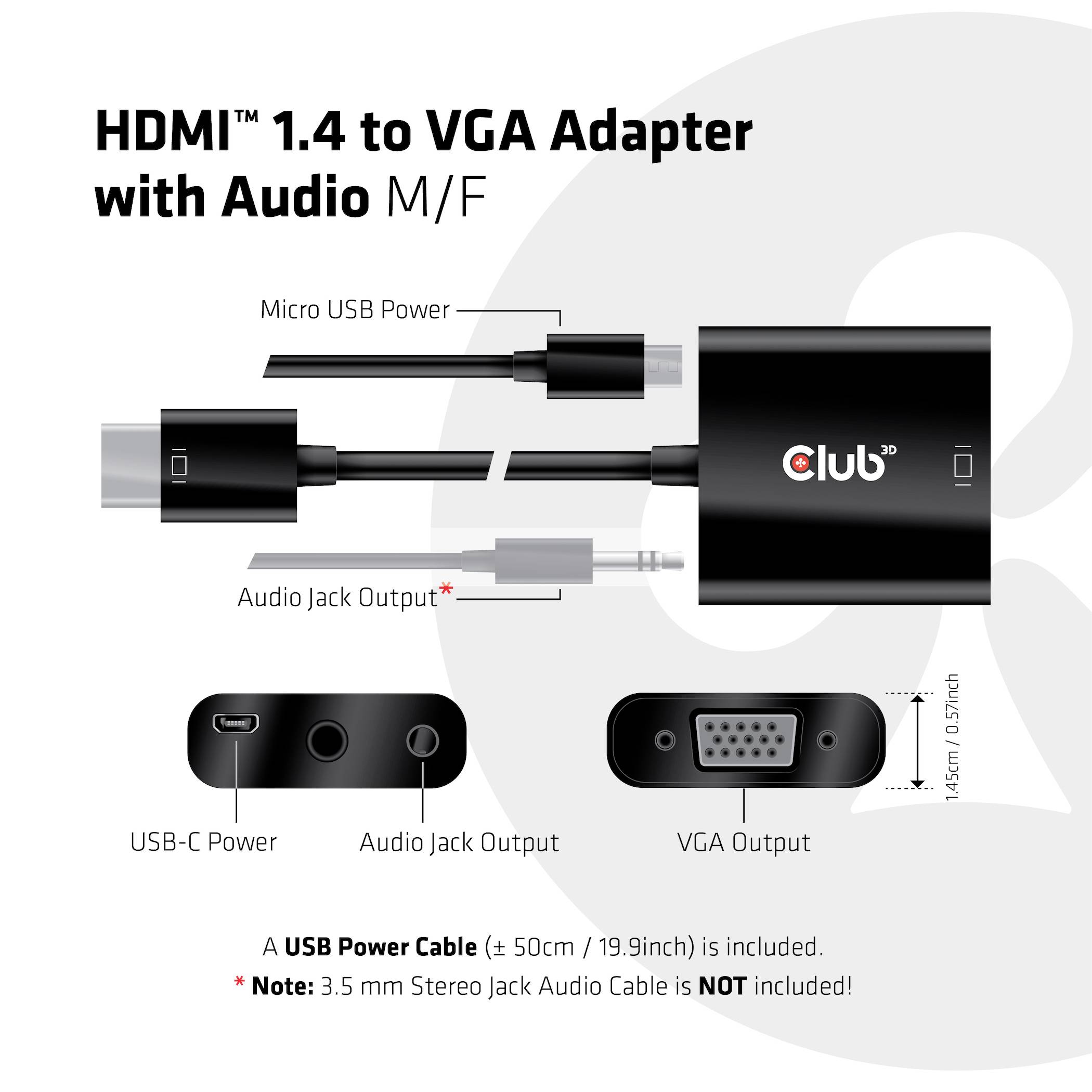 'HDMI 1.4 zu VGA Adapter mit Audio M/F' in Schwarz. Zeigt Anschlüsse: Micro USB, HDMI, Audio Jack Output, USB-C Power und VGA Output. Enthält USB Power Cable. Audio-Kabel nicht enthalten.