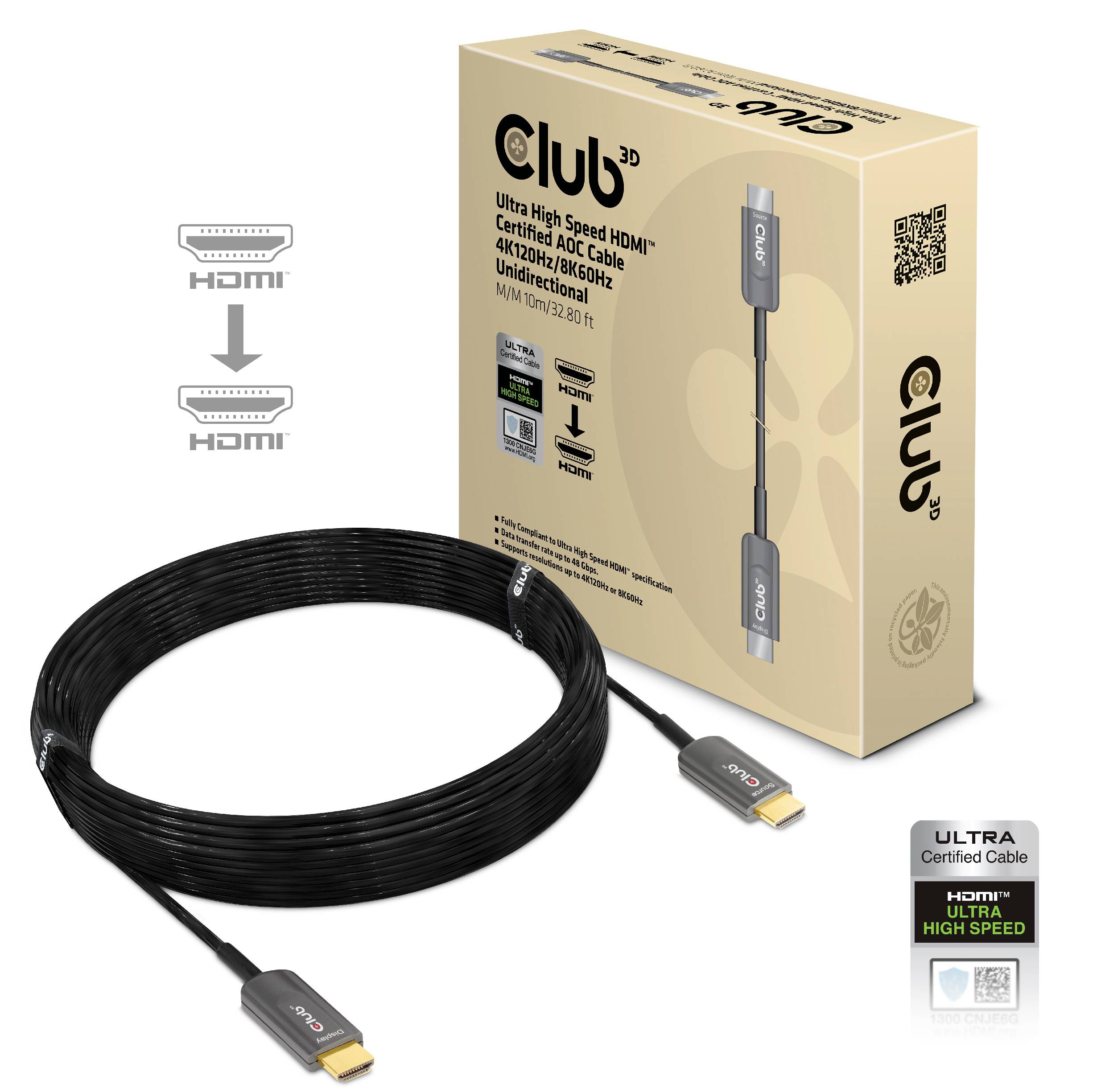 Ein schwarzes HDMI-Kabel, zertifiziert für Ultra-High-Speed, liegt neben einer Verpackung mit dem Club3D-Logo.