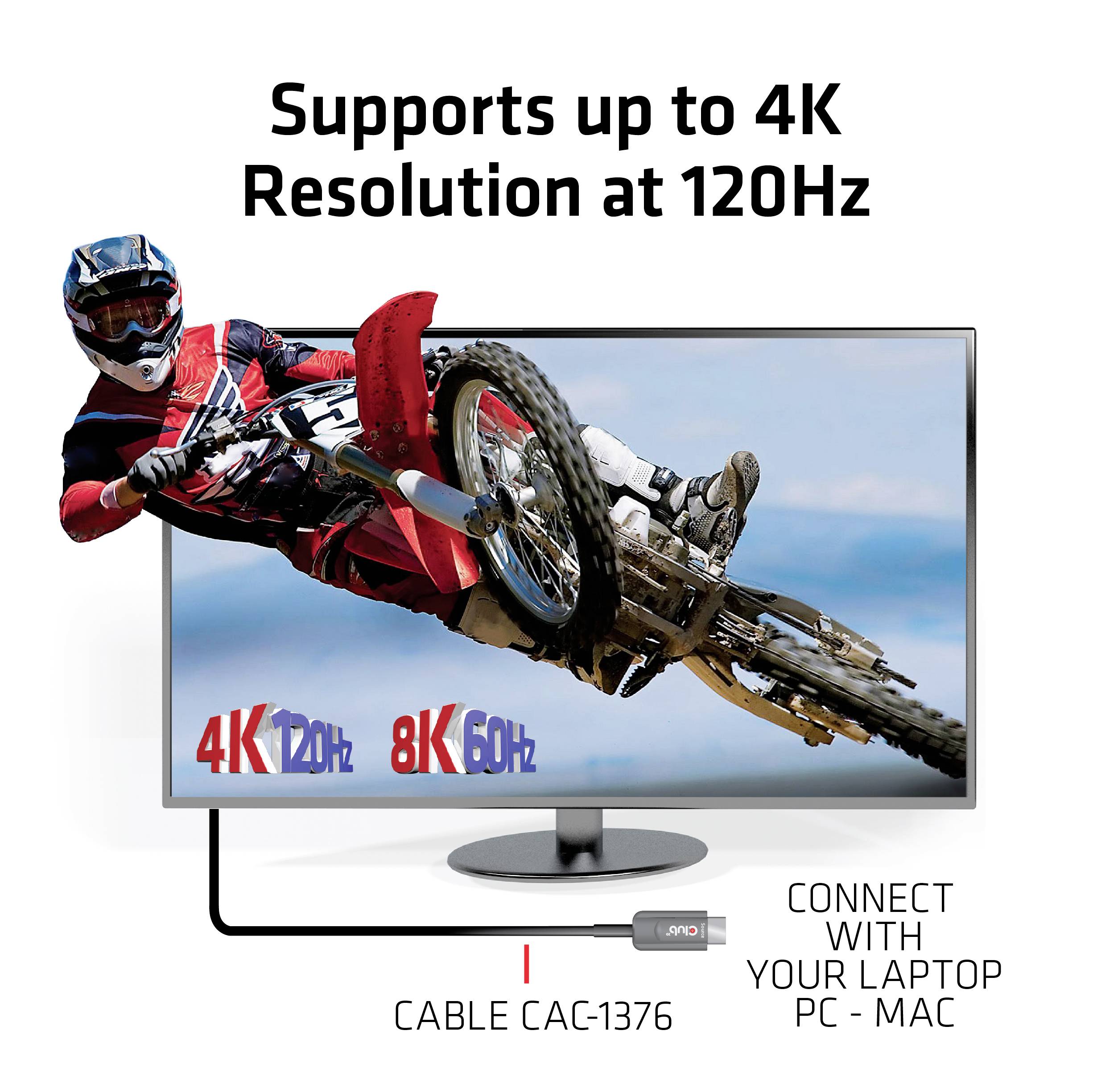 Ein Monitor zeigt ein Bild eines Motocross-Fahrers in der Luft. Text informiert: 'Unterstützt bis zu 4K Auflösung bei 120Hz'. Verbindungen: PC, Mac.