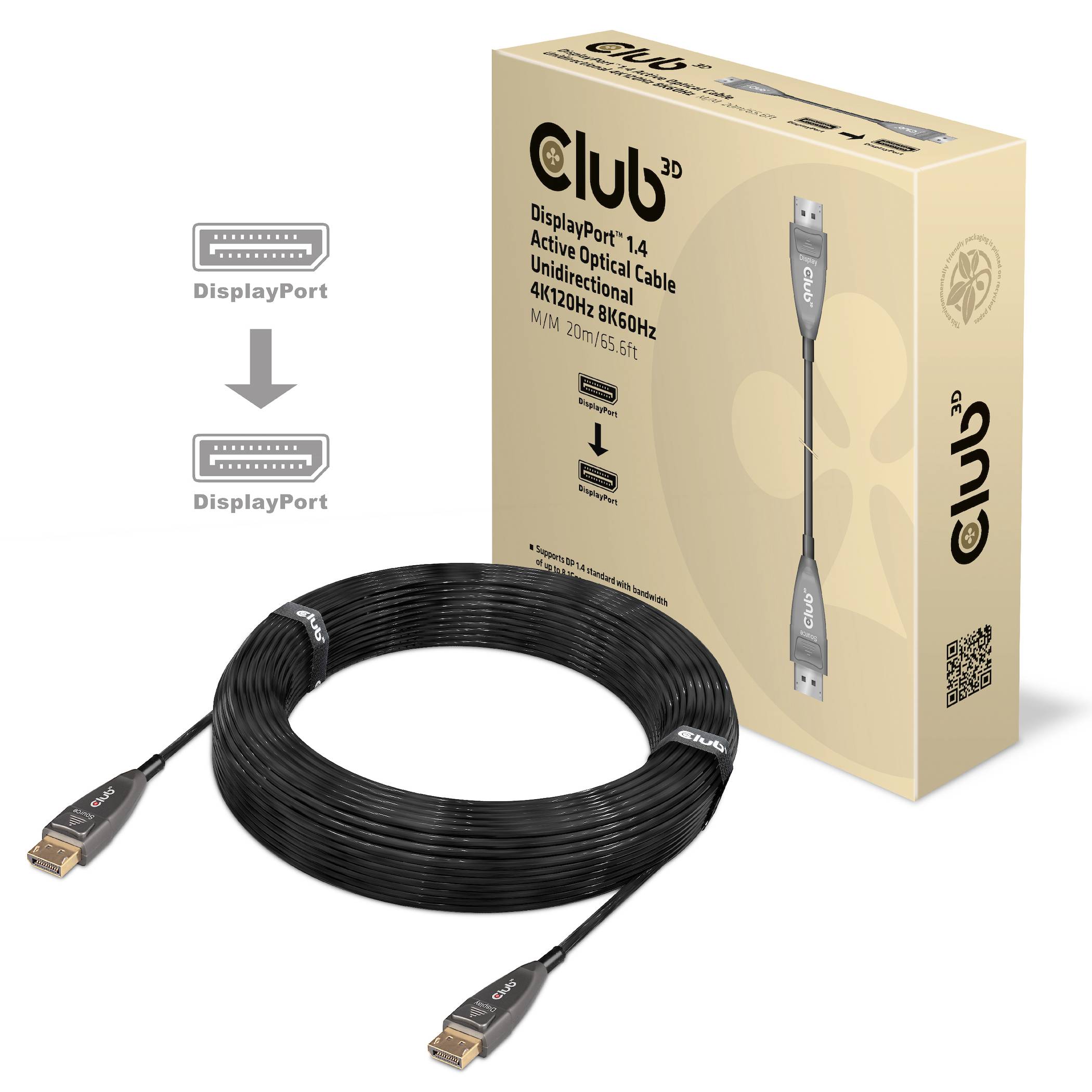 DisplayPort 1.4 Glasfaser-Kabel mit Verpackung. Unterstützt 4K, 120Hz, 8K, 60Hz. Geeignet für Videoinstallationen mit hoher Auflösung.