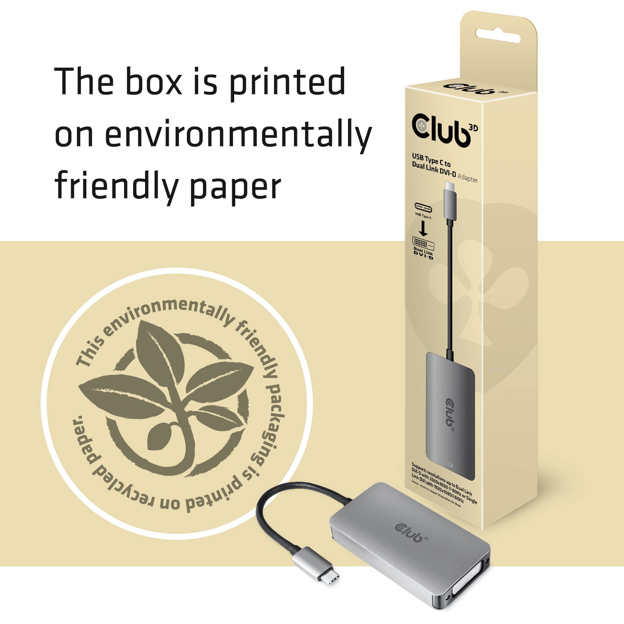 Ein USB-C-auf-Digital-Audio-Adapter vor einem umweltfreundlich bedruckten Karton. Das Logo kennzeichnet die recycelbare Verpackung.