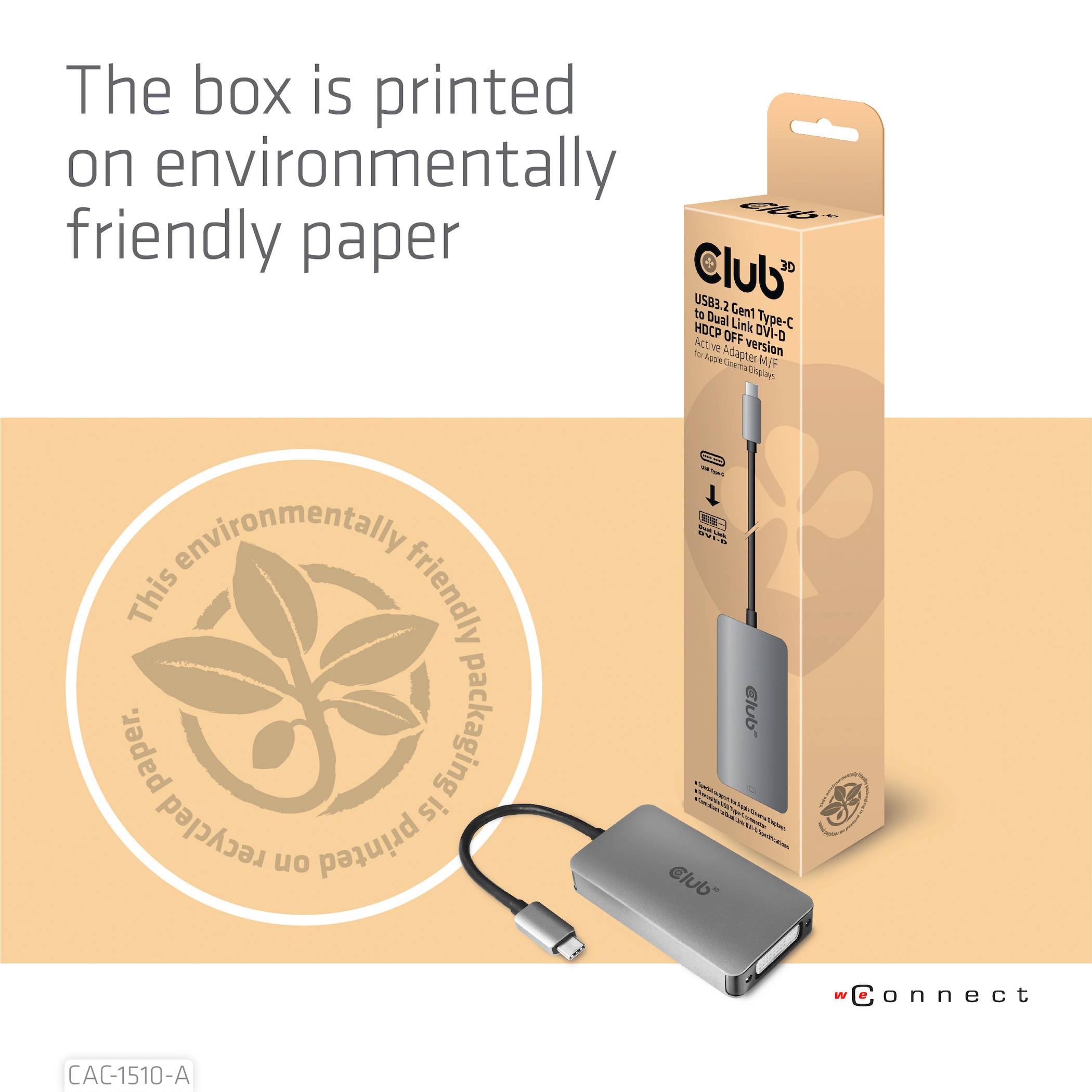 USB-C Adapter und Verpackung aus umweltfreundlichem Papier mit Symbol eines Blattes. Verpackungstext: 'The box is printed on environmentally friendly paper'.