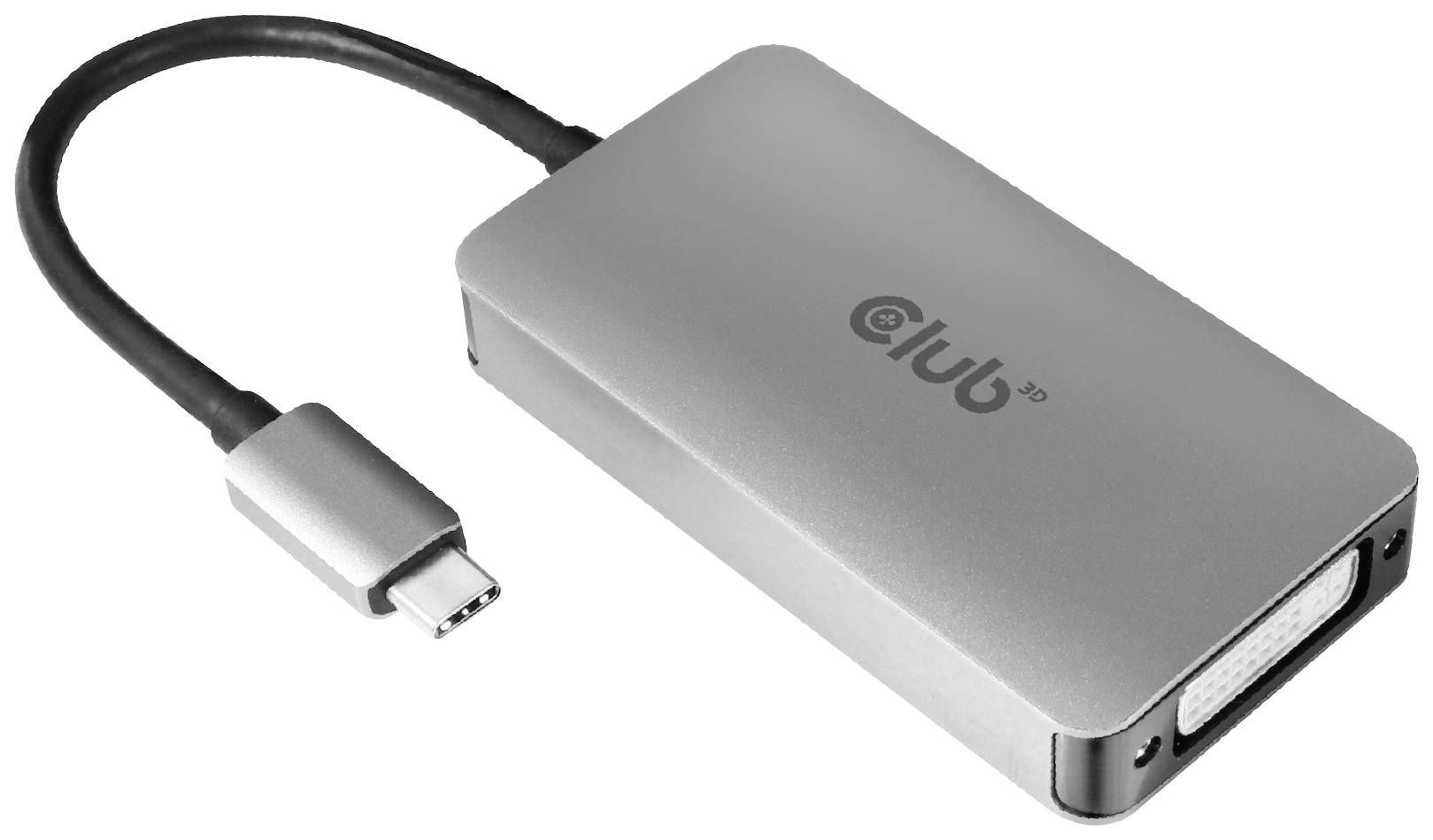 Ein silberner Adapter mit USB-C-Anschluss und DVI-Ausgang, geeignet zum Verbinden von Geräten mit unterschiedlichen Anschlüssen.