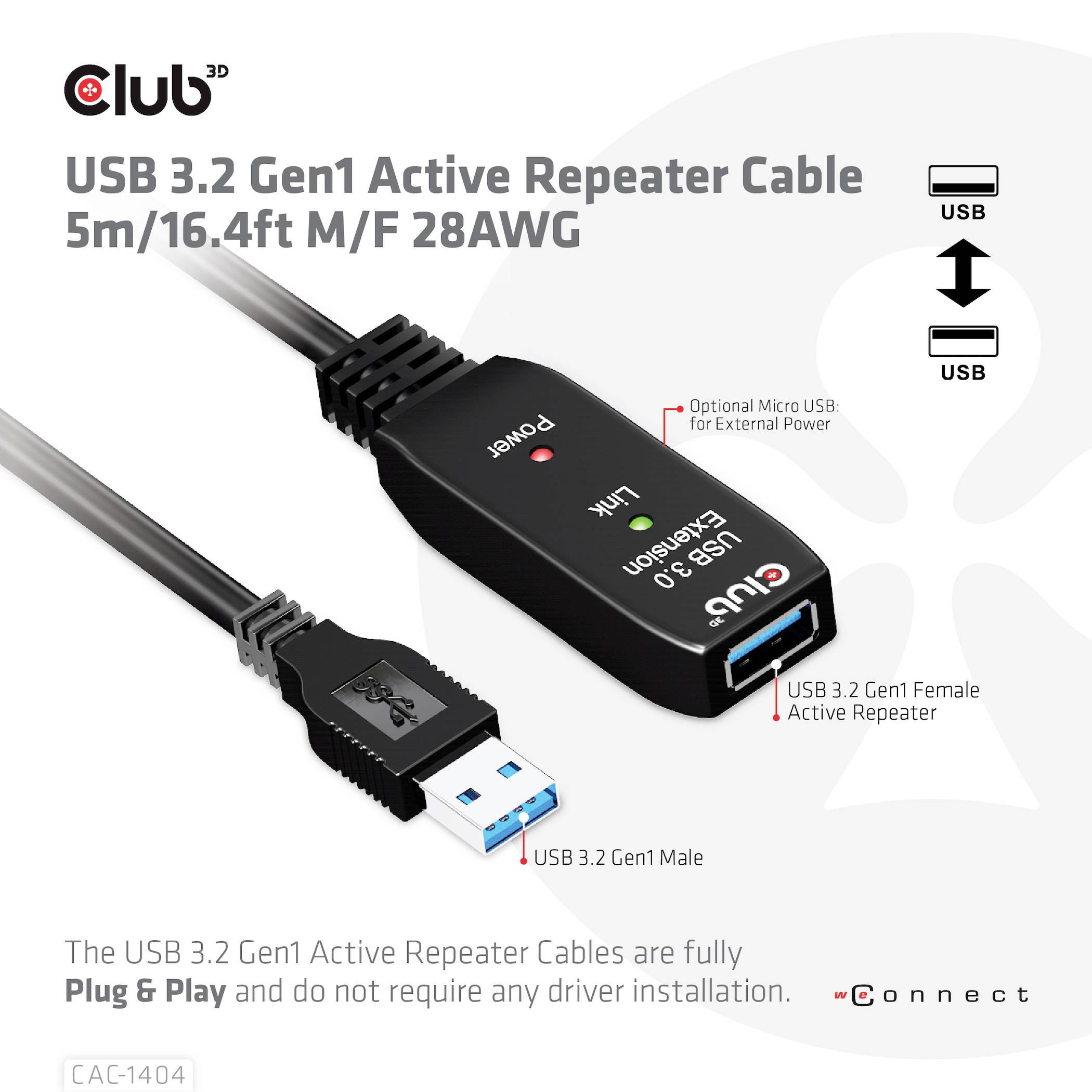 'USB 3.2 Gen1 Active Repeater Kabel 5m' mit einem USB 3.2 Anschluss und einem zusätzlichen Micro USB für externe Stromversorgung.