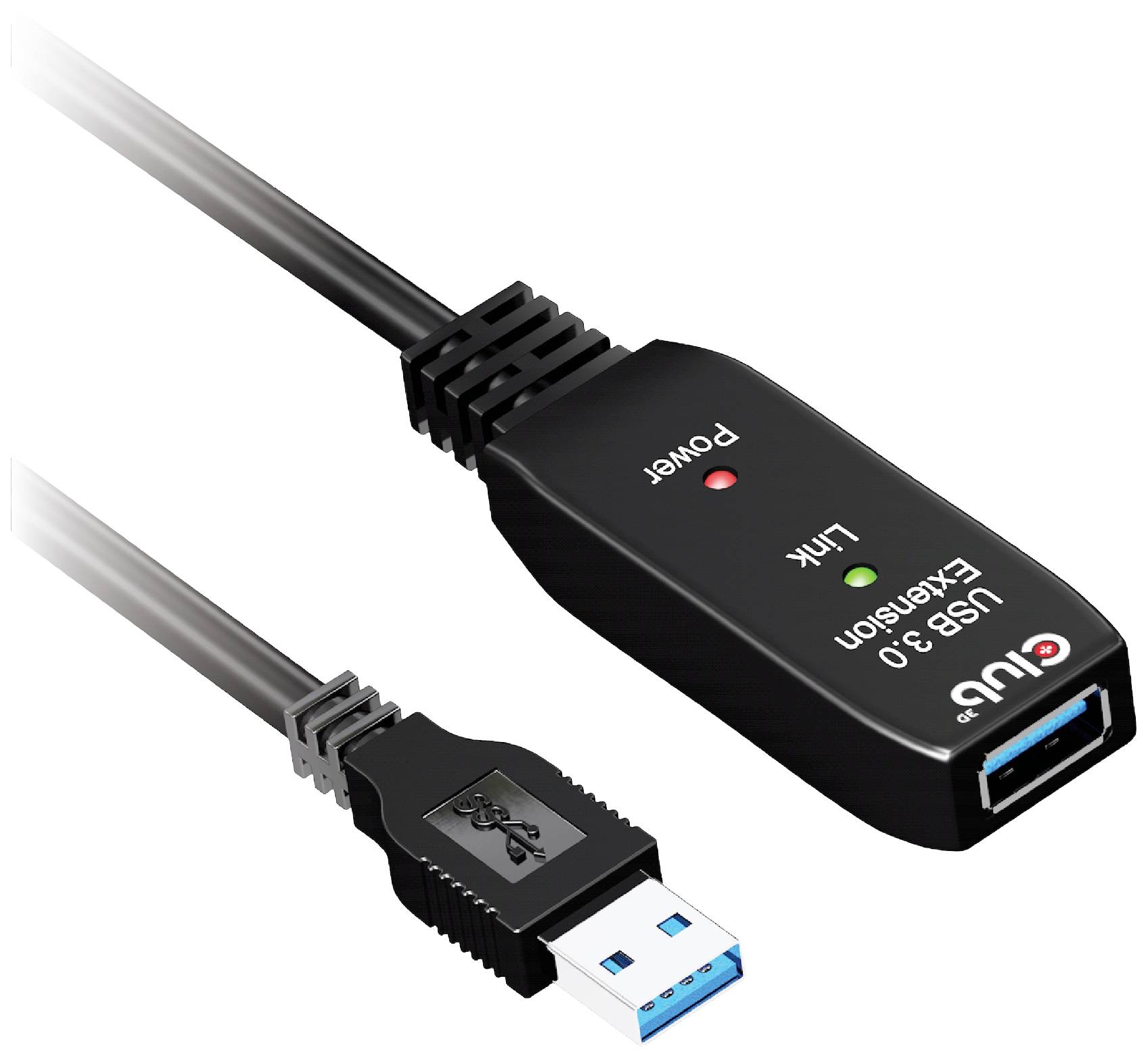 Ein schwarzes USB 3.0-Verlängerungskabel mit einer blauen USB-Schnittstelle und einem schwarzen Adapter. Der Adapter hat eine LED-Anzeige mit 'Power' und 'Link'.
