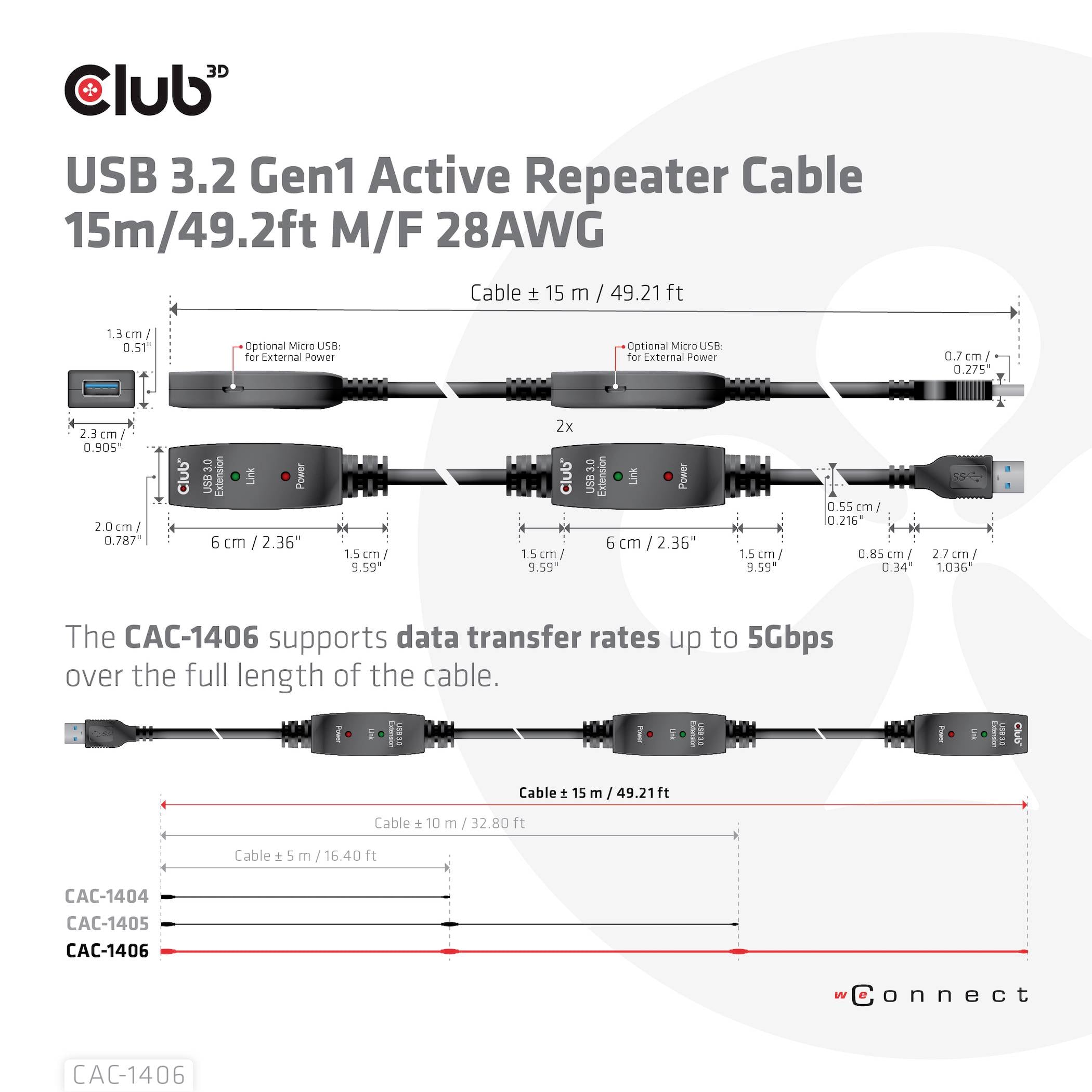 'USB 3.2 Gen1 Active Repeater Cable, 15m/49.2ft M/F 28AWG.' Darstellung der Kabelverbindung mit optionalen Micro-USB und USB-A Anschlüssen. Maximale Datenrate bis zu 5Gbps bei bis zu 15 m Länge.
