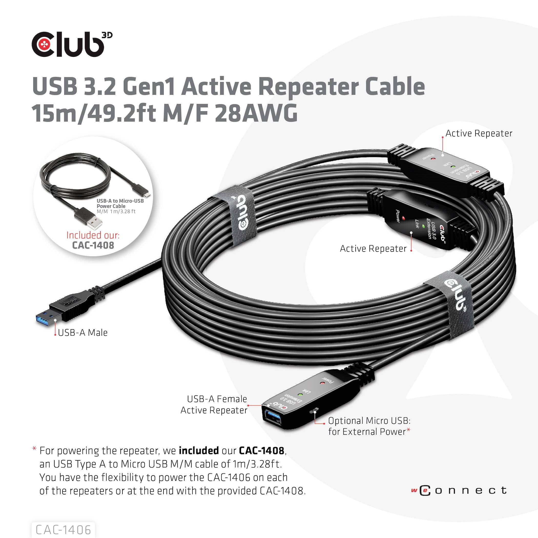 'USB 3.2 Gen1 Active Repeater Cable 15m/49.2ft M/F 28AWG' wird mit einem Stecker, einer Buchse und einem wiederholenden USB-Signal gezeigt. Verwendet zur Verlängerung von USB-Geräten. Inklusive CAC-1408 Adapter.