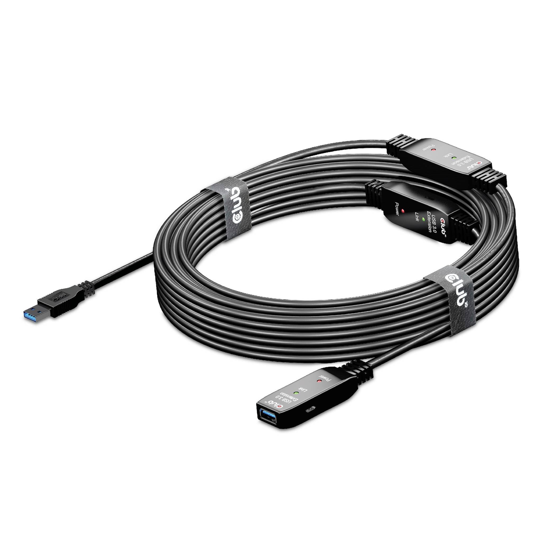 USB 3.2-Verlängerungskabel mit Verstärker, schwarzes Kabel mit USB-Anschlüssen an beiden Enden, geeignet für Datenübertragung.