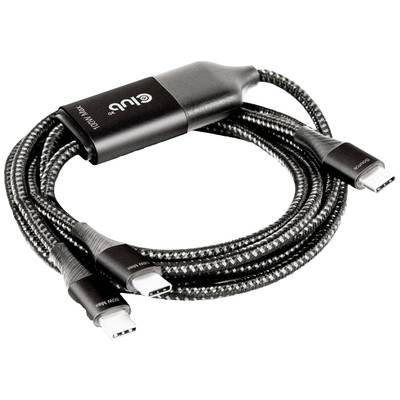 'Schwarzes geflochtenes USB-C-Kabel mit drei Anschlüssen, zwei kleine und ein großer Verbinder, geeignet zum Aufladen oder Datentransfer.'