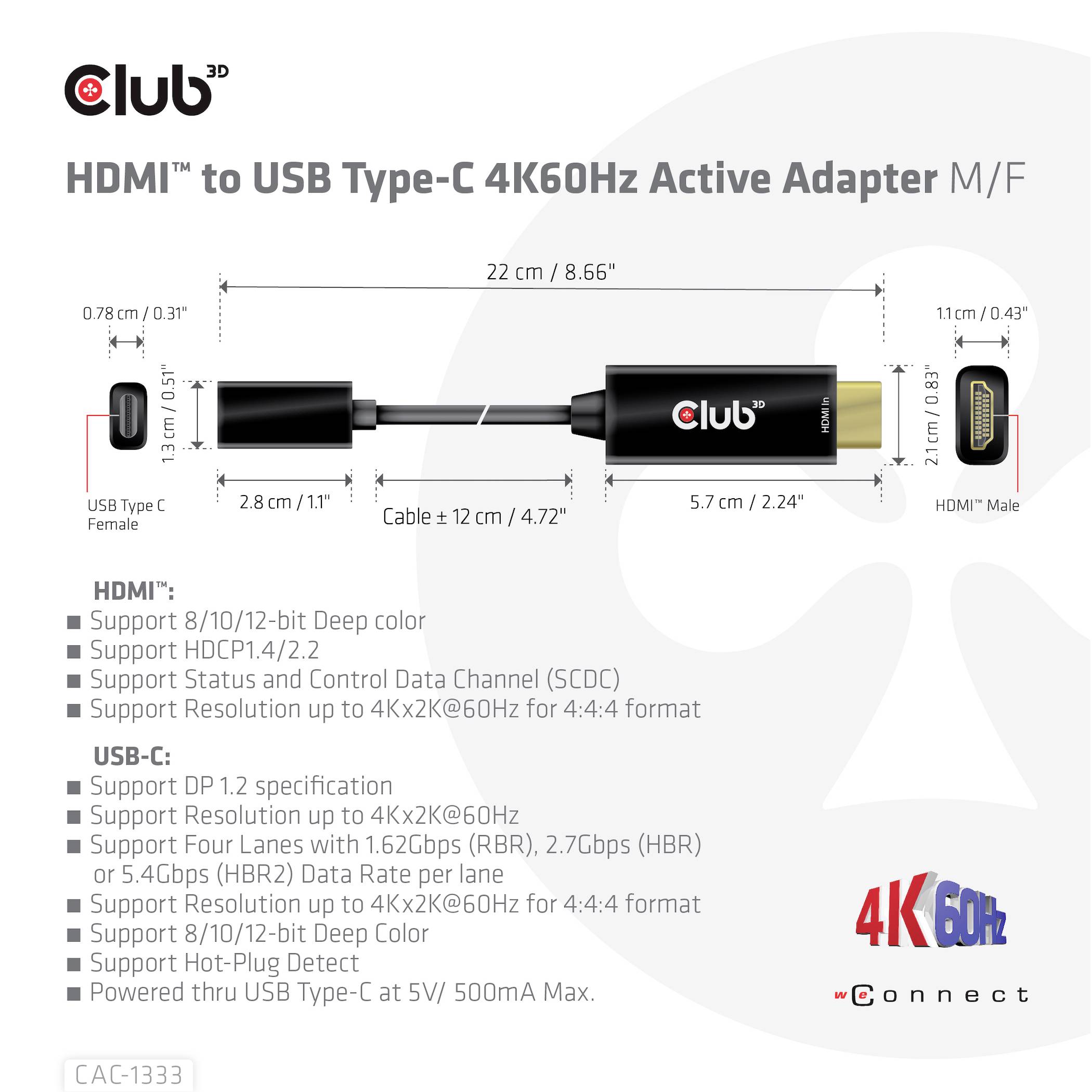 'HDMI™ to USB Type-C 4K60Hz Active Adapter M/F'. Adapter-Kabel mit USB Type-C Female zu HDMI Male-Anschlüssen. Unterstützt 4K@60Hz, HDR, SCDC.