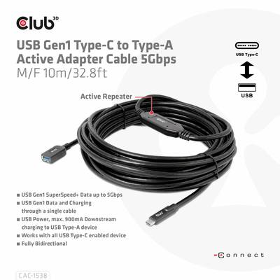 Ein schwarzes USB-Kabel mit Type-C zu Type-A Adapter, 10m lang. Unterstützt SuperSpeed, Datenübertragungen bis 5Gbps, und USB-Power.