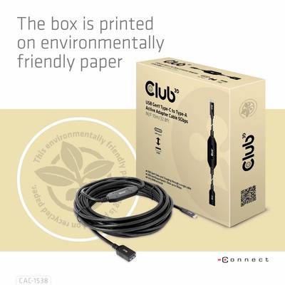Eine Verpackung aus umweltfreundlichem Papier zeigt ein USB-Kabel. Texte heben die umweltfreundliche Box hervor.