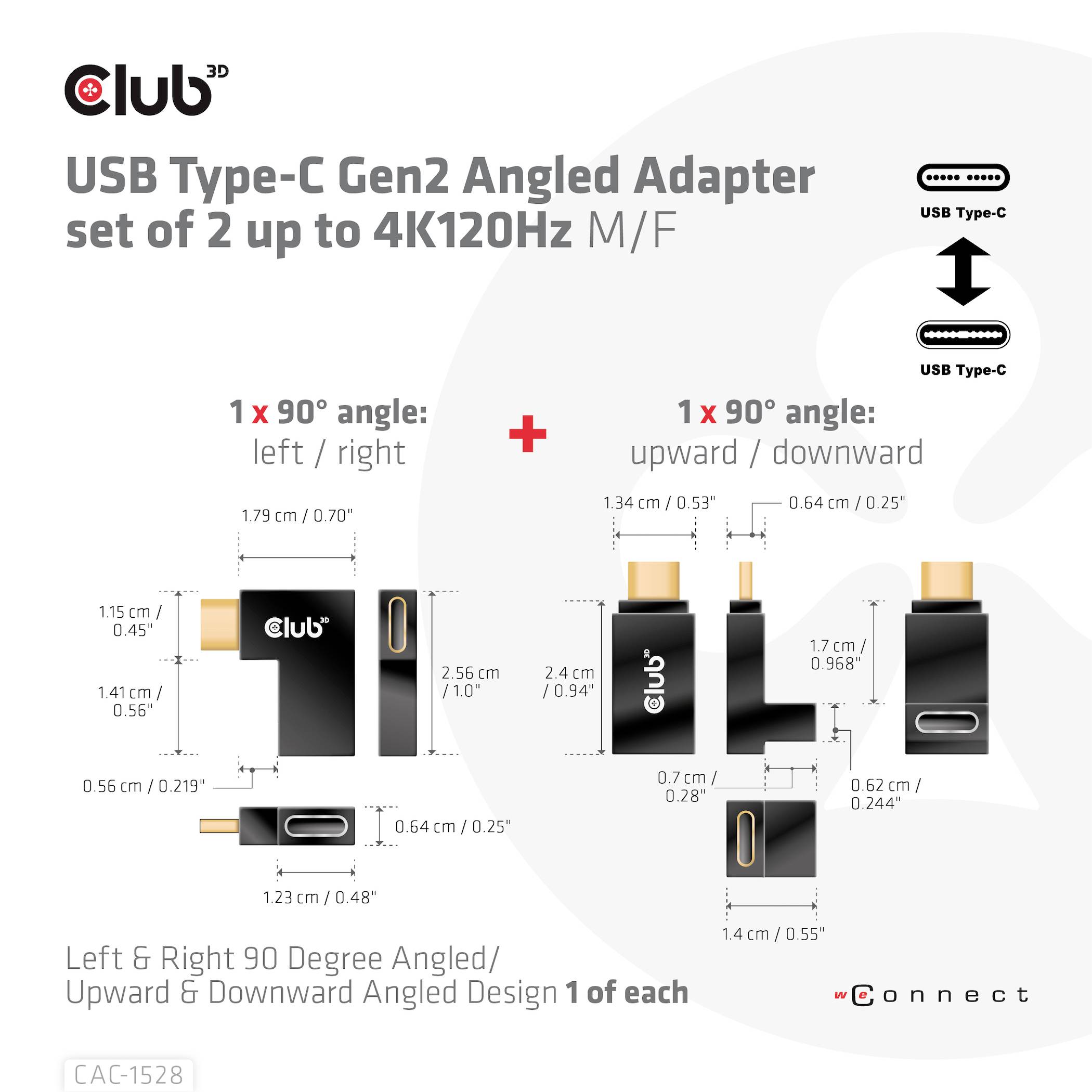 'USB Type-C Gen2 Adapter-Set mit 2 Winkeln: 1x 90° nach links/rechts, 1x 90° nach oben/unten. Unterstützt bis zu 4K 120Hz M/F.'