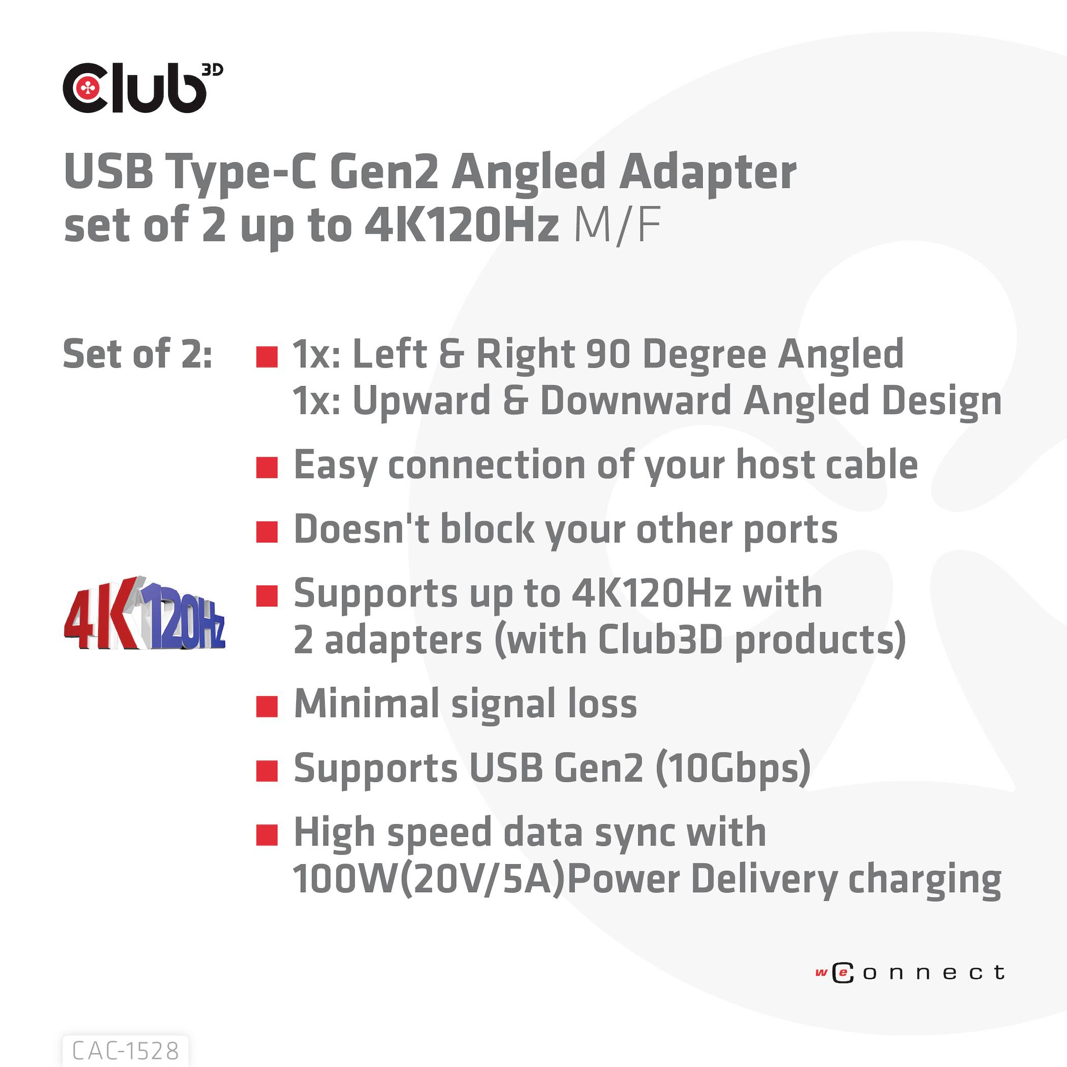 Der Adapter 'USB Type-C to Gen2 Angled' bietet zwei 4K120Hz Verbindungen, ideal für Platzsparung und Power Delivery.