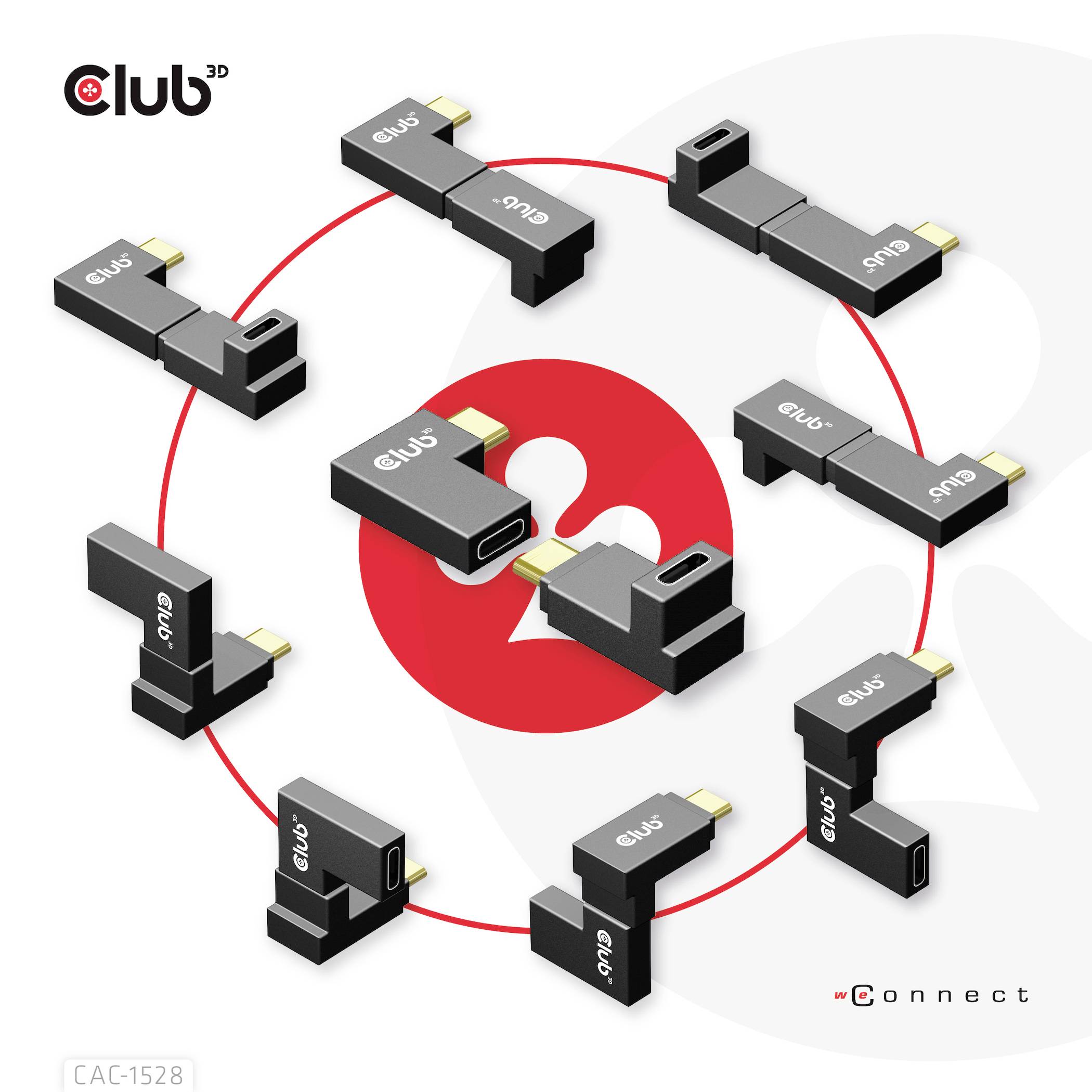 USB-C auf USB-A Adapter in verschiedenen Winkelpositionen, angeordnet in einem Kreis. Text 'Club' auf jedem Adapter. Rotes Symbol in der Mitte.