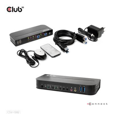 'Anschlüsse und Fernbedienungen für Club 3D Dockingstation. Enthält USB- und HDMI-Ports, Netzteil und Kabel für vielseitige Verbindungen.'