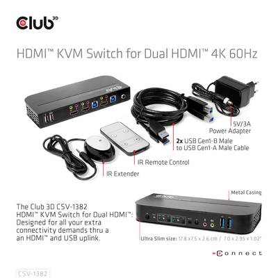 Club 3D HDMI KVM Switch für Dual HDMI 4K 60Hz. Enthält KVM-Switch, IR-Fernbedienung, USB-Kabel, Netzteil. 4K-Videoübertragung.