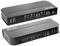 Zwei schwarze KVM-Switch-Geräte mit Anschlüssen für USB, HDMI und Audiokabel, auf einer weißen Fläche dargestellt.