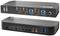 Ein KVM-Switch in rechteckiger Form mit mehreren Anschlüssen, darunter USB, HDMI und Audioeingänge. Vorder- und Rückansicht sichtbar.