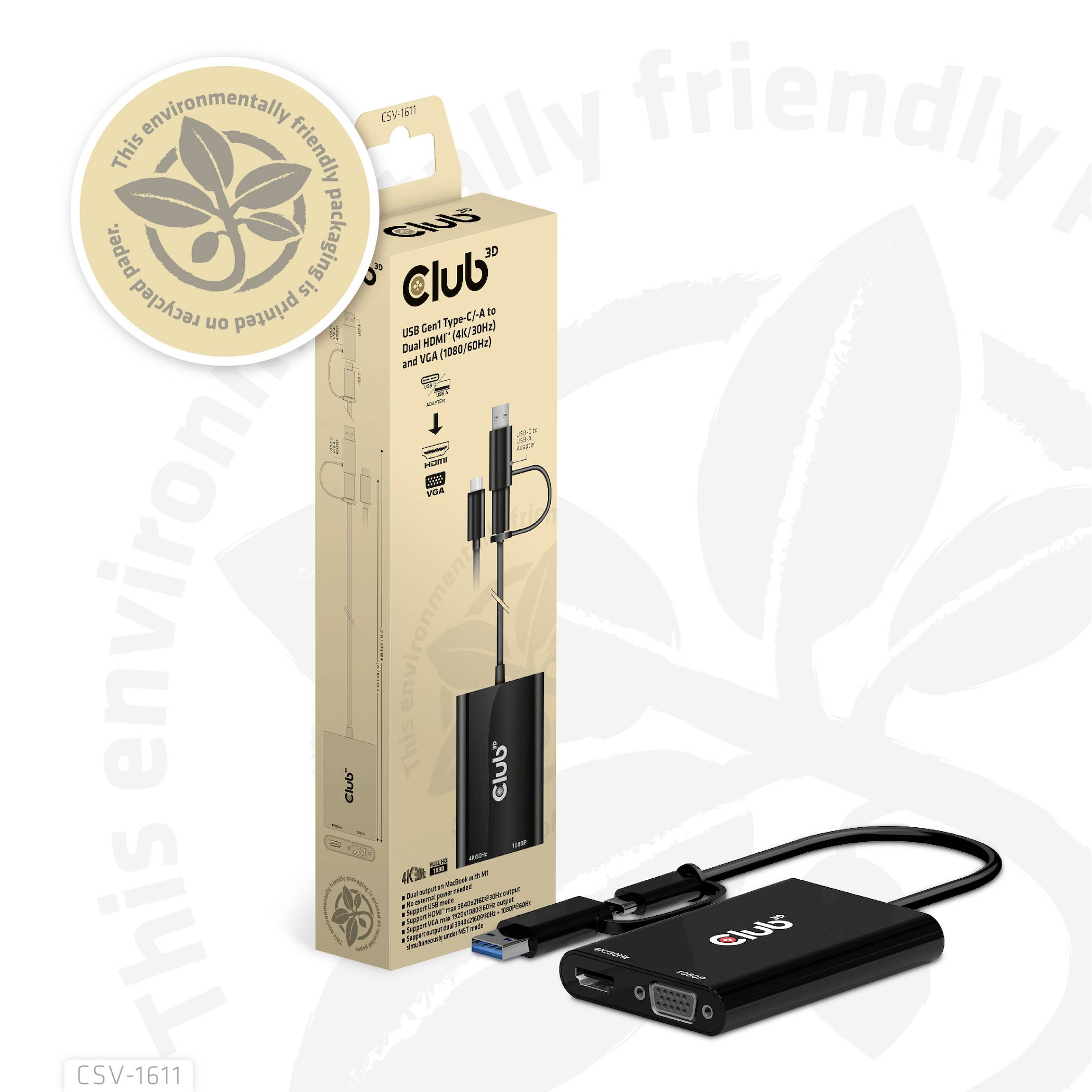 'Club' USB-C-Multiport-Adapter in Verpackung, kompatibel mit 4K HDMI, USB-A und VGA. Umweltfreundliche Verpackung.