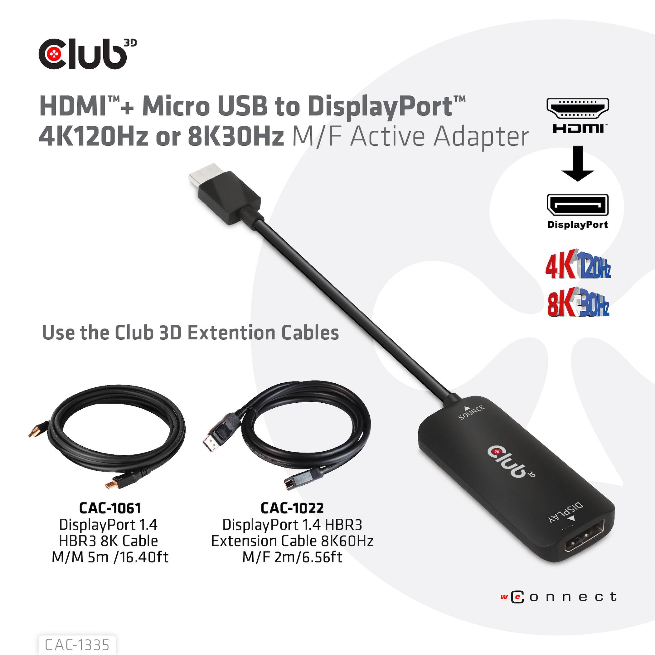 Club 3D HDMI™ zu DisplayPort™ Adapter für 4K120Hz oder 8K30Hz. Abgebildet: Adapter und Kabeloptionen mit Produktnummern.
