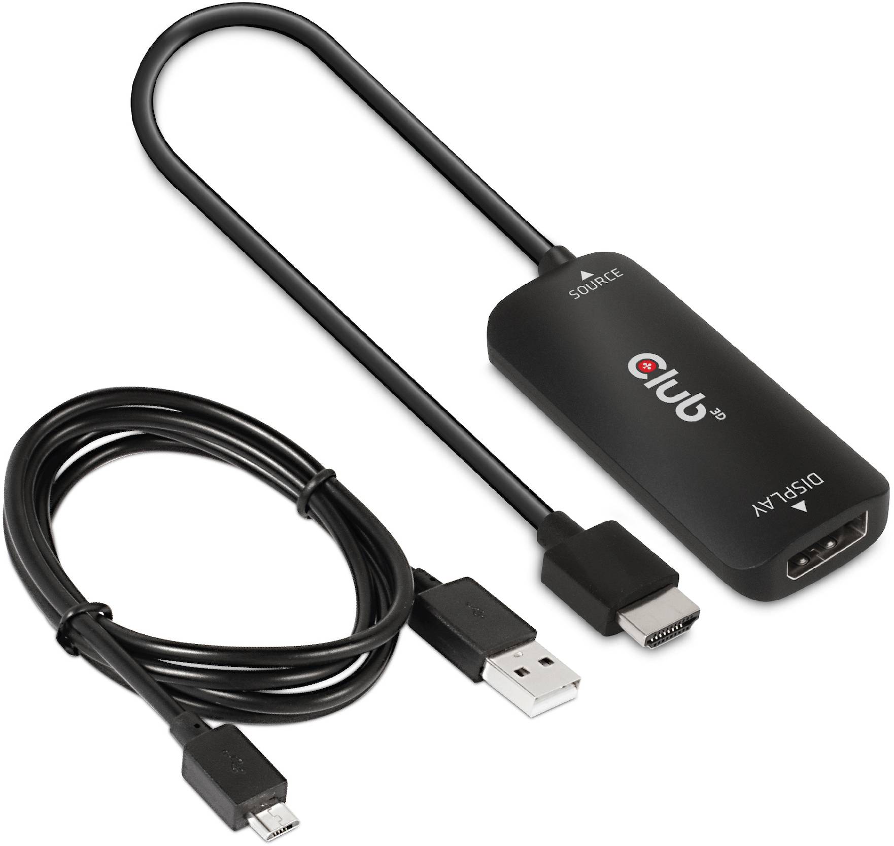 Schwarzer USB-C-auf-HDMI-Adapter mit zusätzlichen Kabeln. Wird zur Verbindung von Geräten wie Laptops mit HDMI-Ports verwendet.