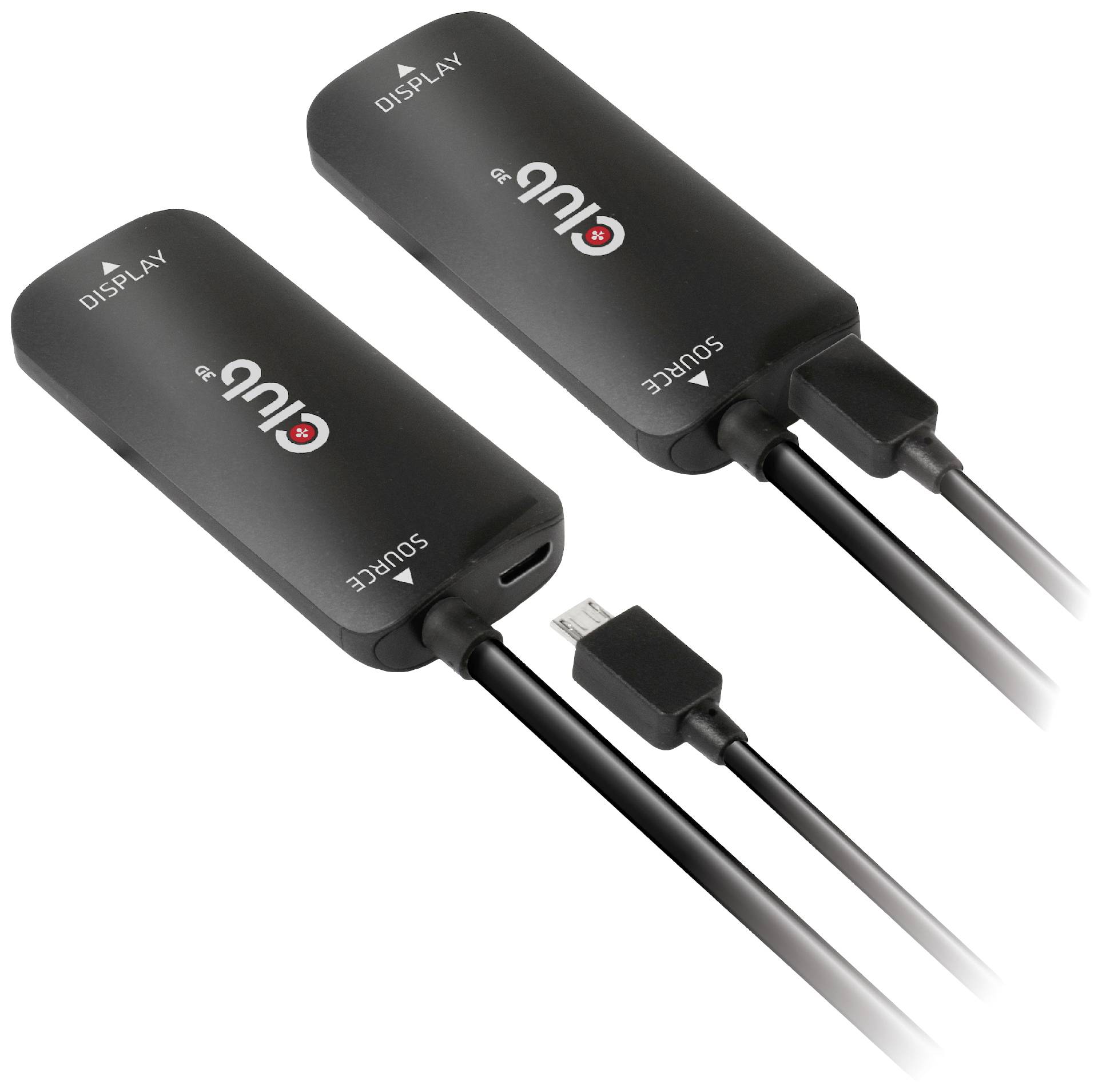 Zwei schwarze Adapter mit der Aufschrift 'SOURCE' und 'DISPLAY', verbunden durch Kabel. Sie sind für die Signalübertragung vorgesehen.