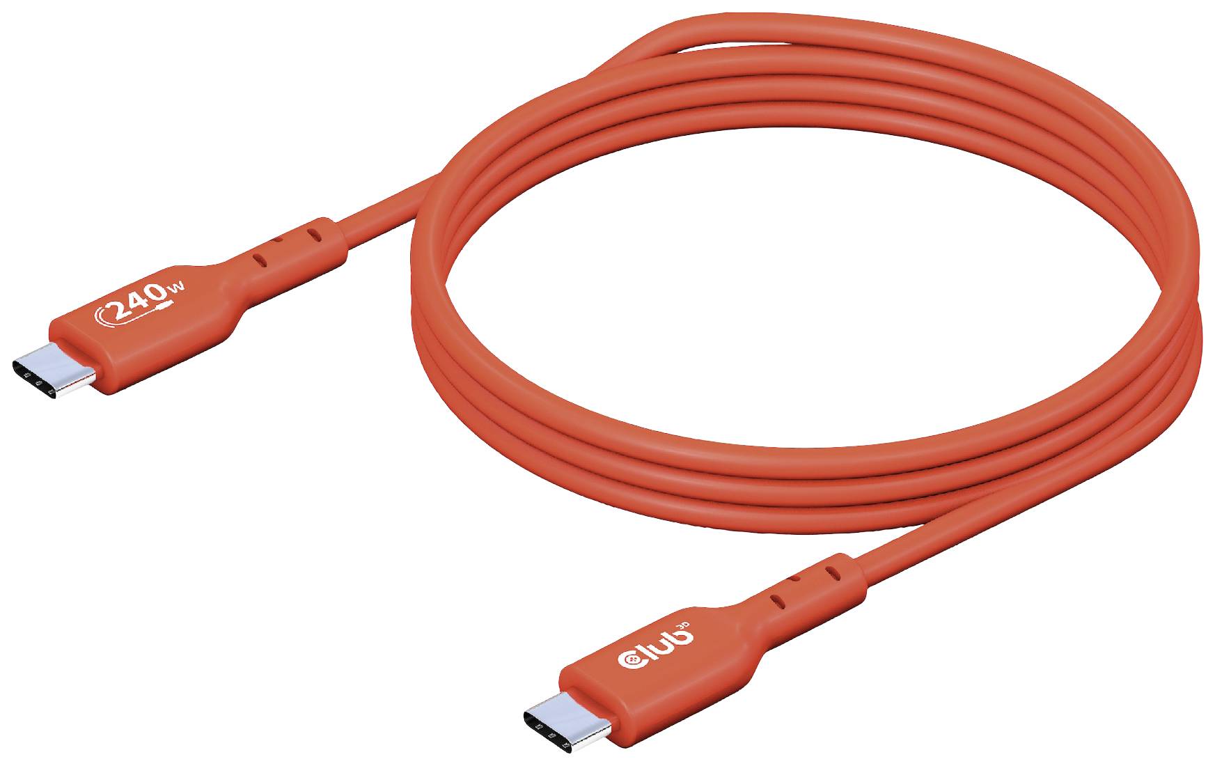 Rotes USB-C-Kabel zeigt '240W' für schnelles Laden und Datenübertragung.