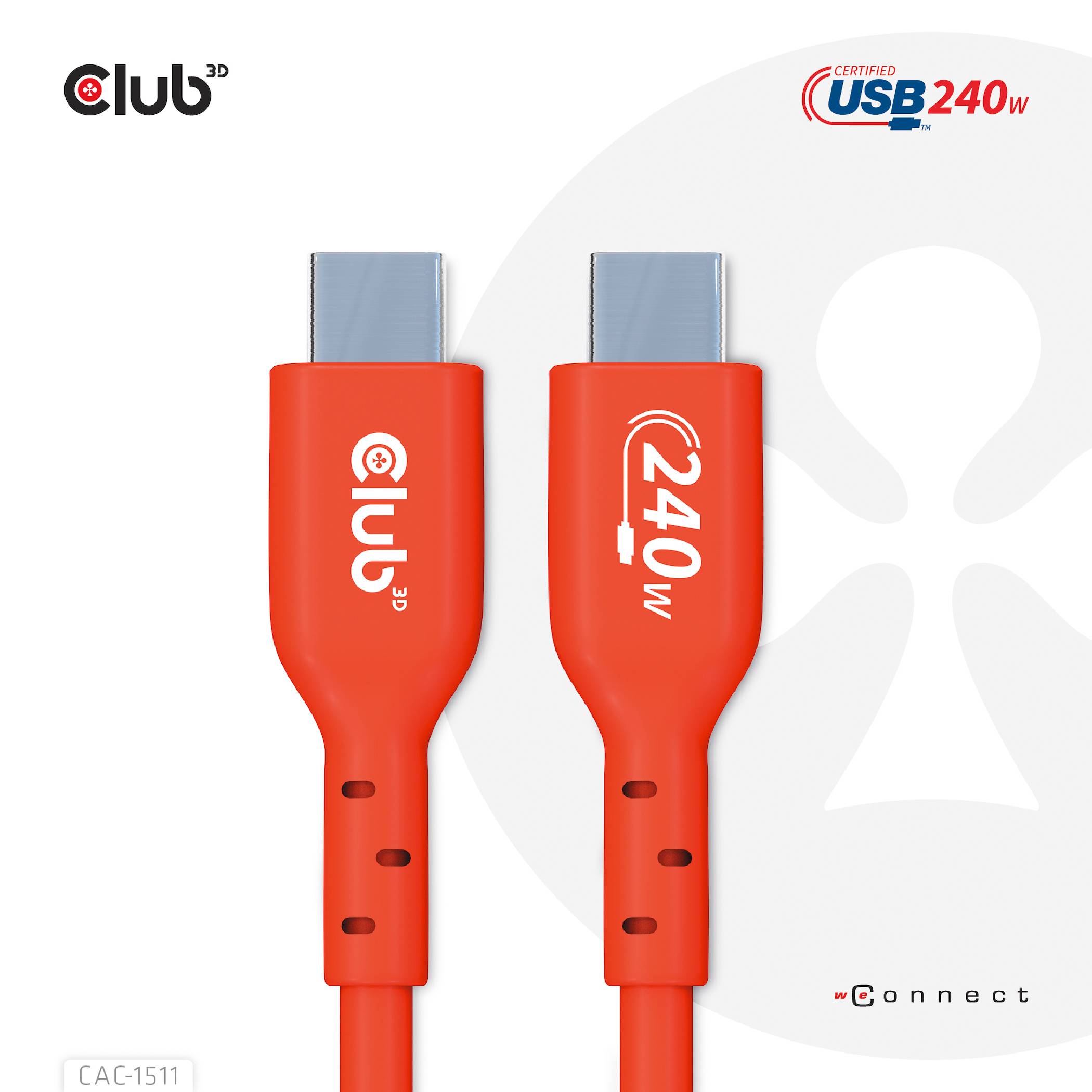 Zwei rote USB-Kabel mit Aufschriften 'USB 3.2 40Gbps' und '240W'. Markenlogo oben links, angedeutete Person im Hintergrund.