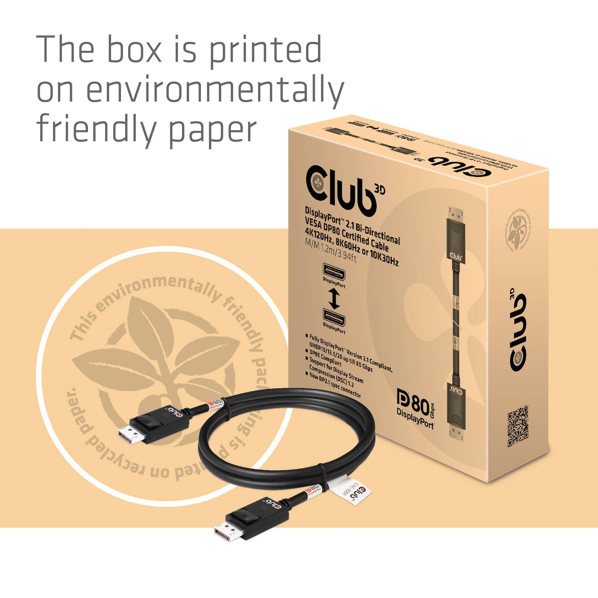 'Club3D' DisplayPort 2.1 Kabel, 80 cm, in umweltfreundlicher Verpackung. schwarzes Kabel mit USB-Anschlüssen; Karton mit Blattsymbol.