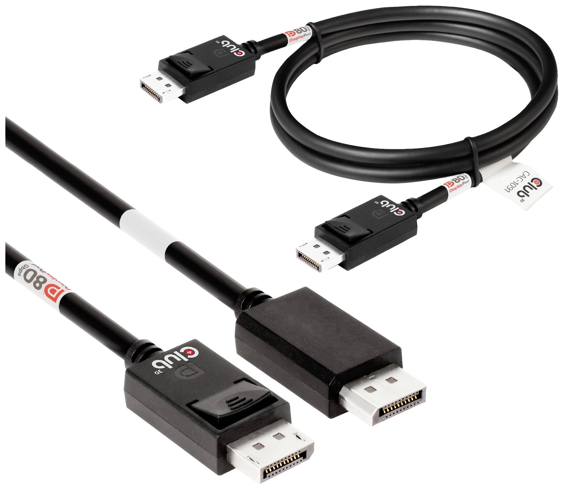 Zwei DisplayPort-Kabel mit schwarzen Steckern und weißen Etiketten. Ein Kabel ist zusammengerollt, das andere gerade ausgelegt.