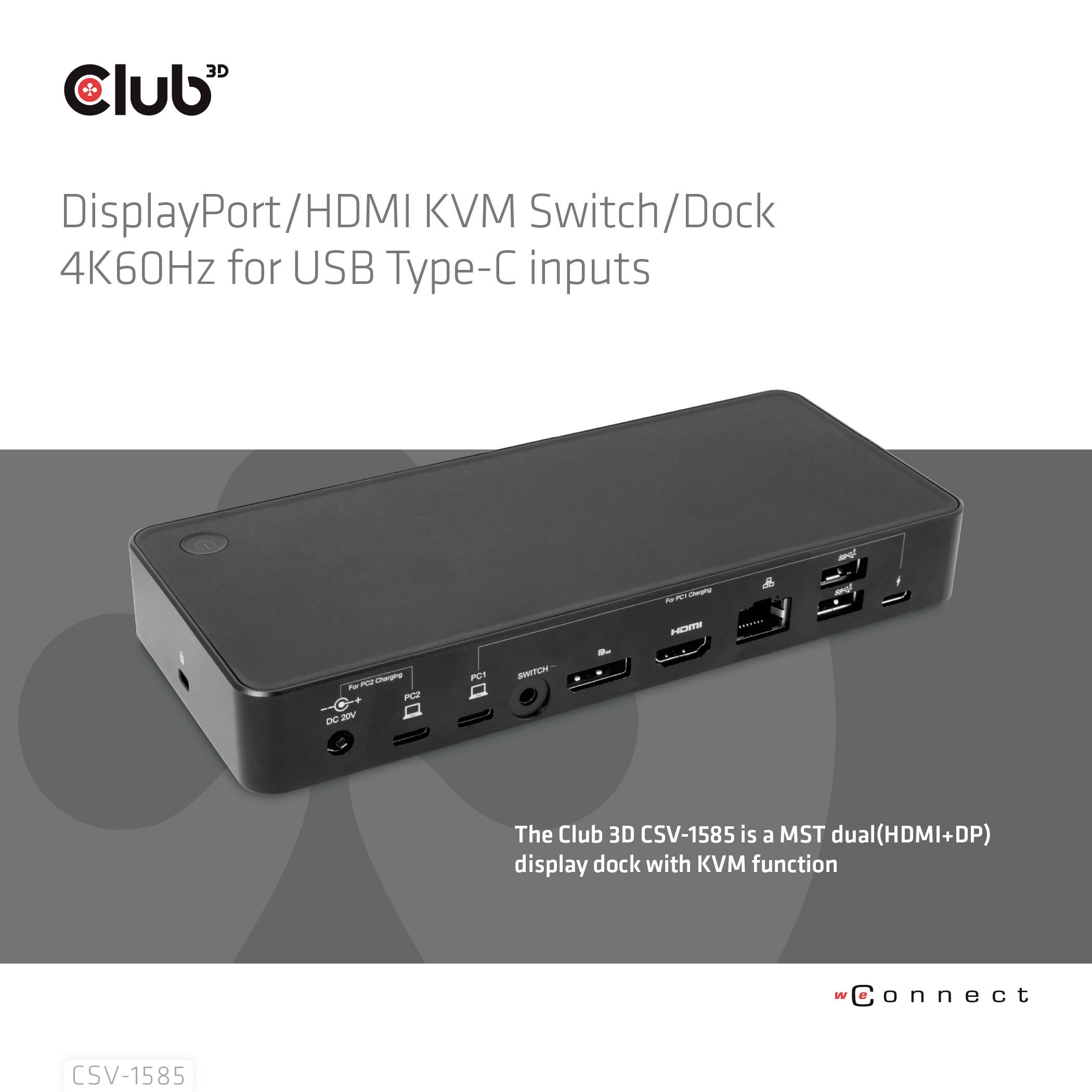 Ein rechteckiger, schwarzer Club 3D DisplayPort/HDMI KVM Dock mit mehreren Anschlüssen und der Aufschrift '4K60Hz for USB Type-C inputs'.