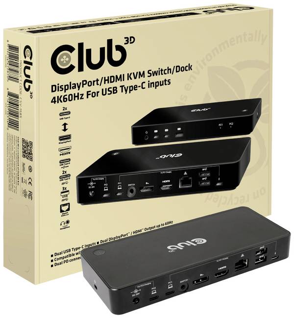 club3D KVM Switch 4K60Hz  KVM-Umschalter HDMI, DisplayPort® Fernbedienung 3840 x 2160 Pixel