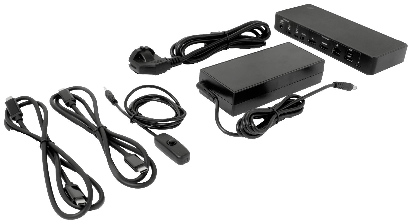 Dockingstation mit mehreren USB-Steckplätzen, Netzteil, Stromkabel, HDMI-Kabel, USB-Kabel und einem Netzschalter.