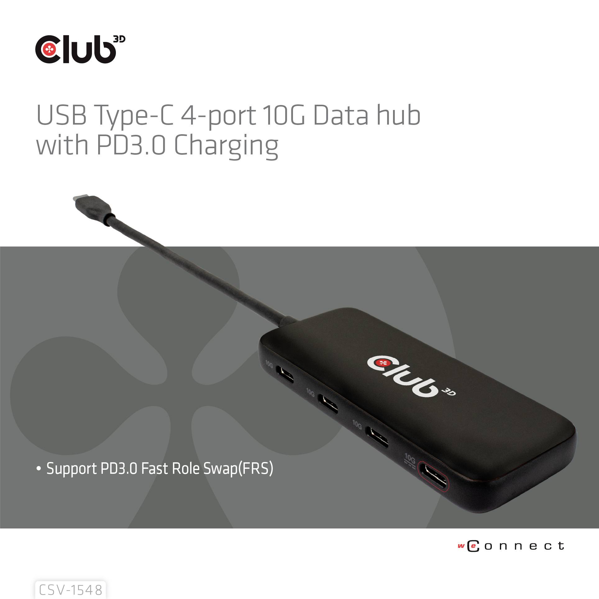 USB Type-C 4-Port-10G-Datenhub mit PD3.0-Ladung von Club3D. Schwarzer Hub mit Kabel, vier Anschlüssen, beschriftet mit 'Support PD3.0 Fast Role Swap (FRS)'.