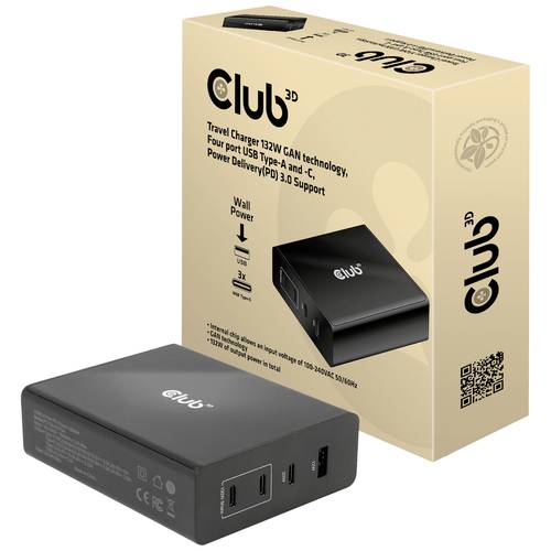 club3D CAC-1906 Notebook-Netzteil 132 W 3x USB-C®, 1x USB-A USB PD Schwarz Innenbereich GaN, USB Power Delivery (USB-PD)