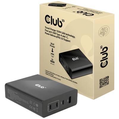 Reiseladegerät von Club3D mit GaN-Technologie, 132 W, vier USB-Anschlüsse (Typ A und C) und Unterstützung für Power Delivery (PD) 3.0. Verpackung und Gerät sind abgebildet.