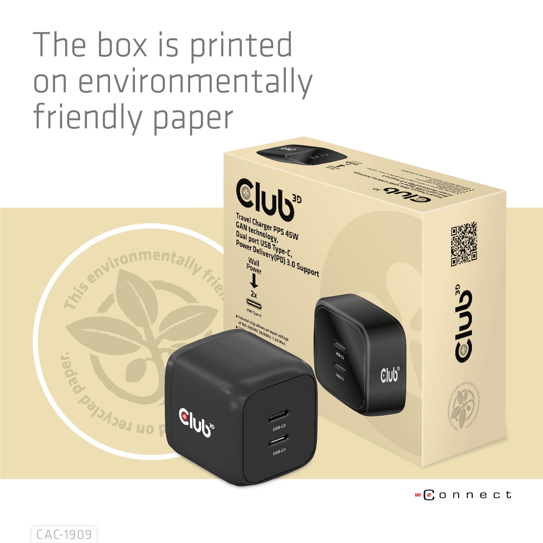 Club3D Ladegerät und Verpackung. Wichtig: Die Verpackung besteht aus umweltfreundlichem Papier. Ladegerät mit 45W, USB-C und USB-A Anschlüssen.