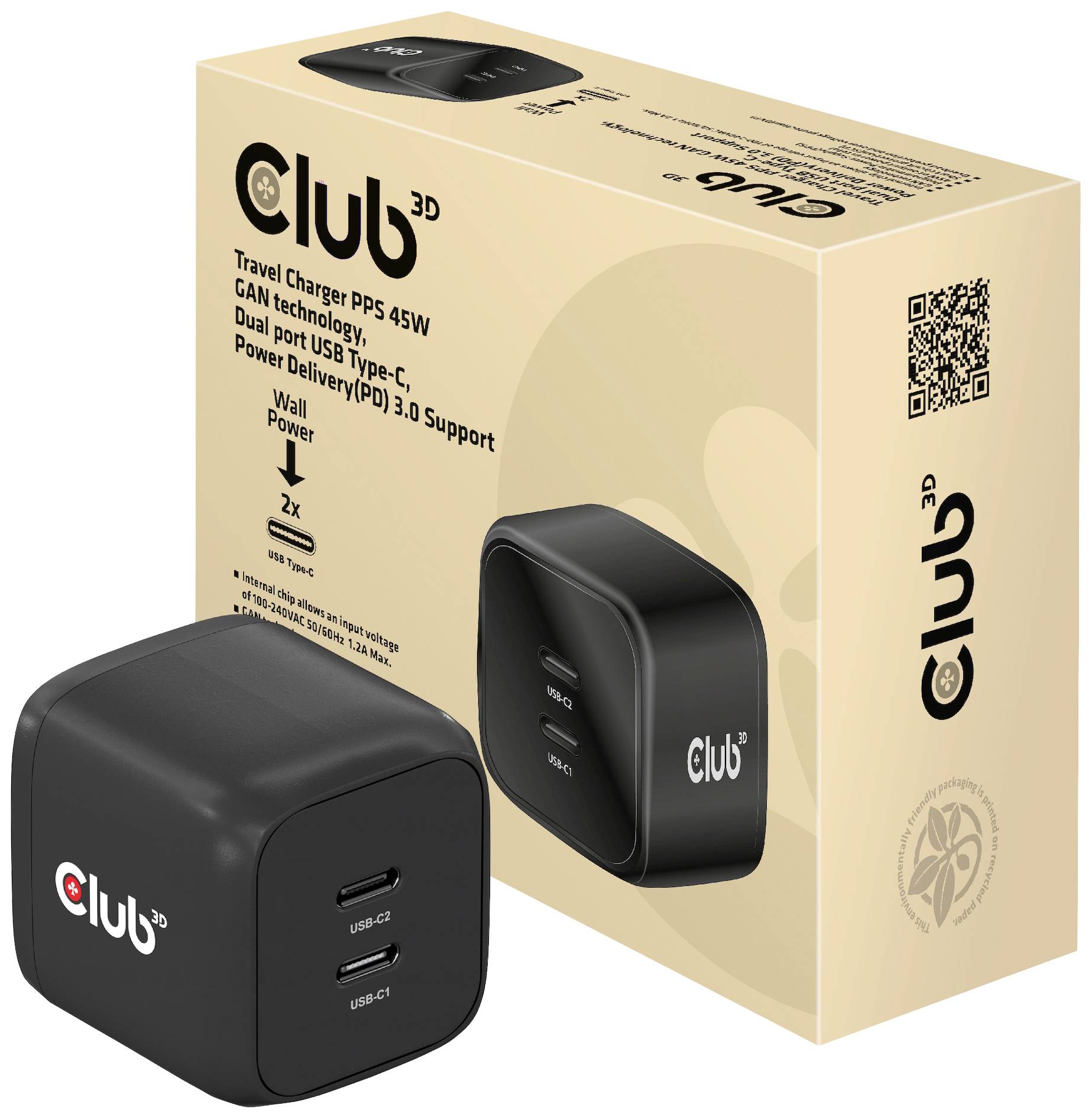 'Club3D' Ladegerät mit USB-C-Port, schwarz, neben Verpackung. Text auf Verpackung beschreibt 45W Leistung und GaN-Technologie.