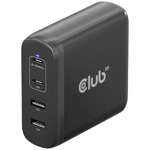 club3D CAC-1912 Notebook-Netzteil 100 W 2x USB-A, 2x USB-C® USB PD Schwarz Innenbereich GaN, USB Power Delivery (USB-PD)