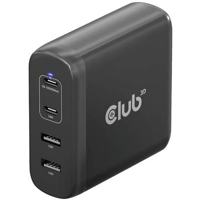 Ein schwarzes Ladegerät mit USB-C und zwei USB-Anschlüssen. Der Text 'club 3D' ist auf der Seite aufgedruckt.