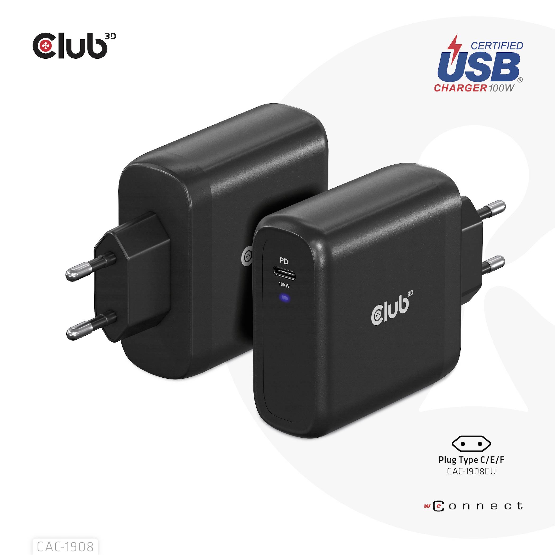 Zwei schwarze USB-Ladegeräte mit Club-Logo, eines im Profil, das andere frontal, beide mit europäischem Stecker. Ladeleistung 100W.