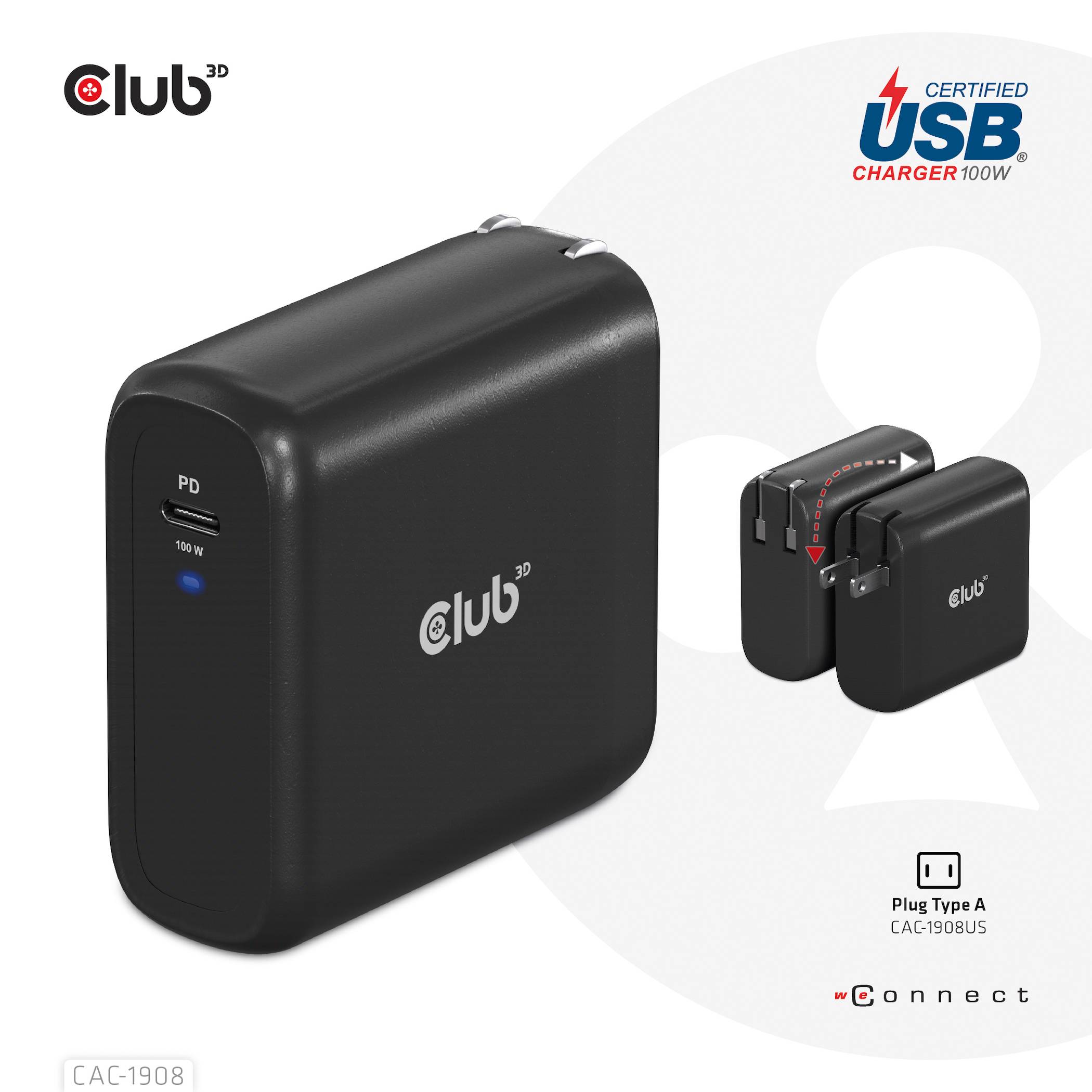Schwarzes 'Club 3D' Ladegerät mit 100W PD-Ausgang, USB-Zertifizierung. Kleine, handliche Größe. Geeignet für Plug Type A (CAC-1908).