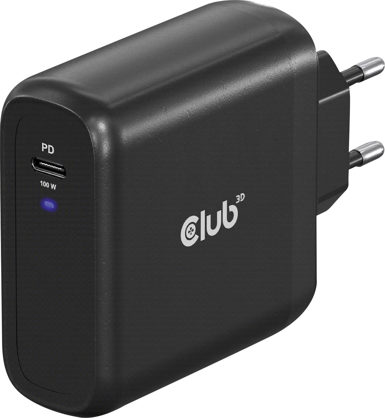 Schwarzes 100W USB-C-Ladegerät von Club 3D mit EU-Stecker, geeignet für schnelles Laden und kompatibel mit verschiedenen Geräten.