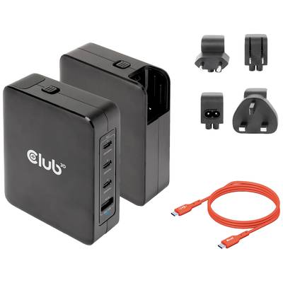 Ein schwarzes Ladegerät mit vier USB-Ports, austauschbaren Steckern und einem roten USB-Kabel. Geeignet für weltweite Steckdosen.