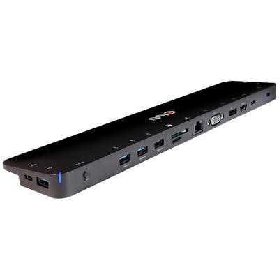 Ein schlankes, schwarzes USB-Dockingstation-Hub mit mehreren Ports, darunter USB, HDMI, und VGA, und einer blauen LED-Anzeige.