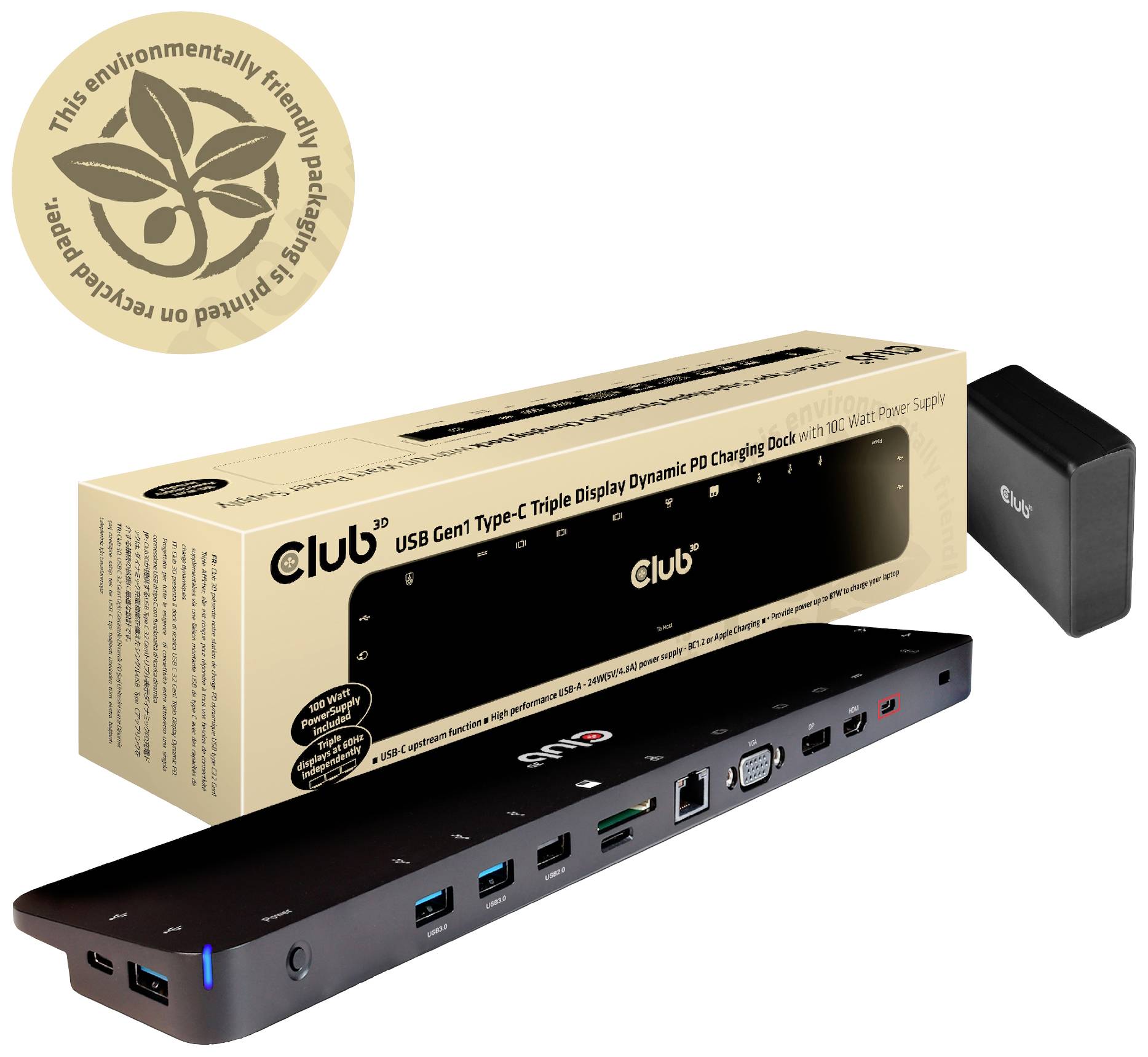 USB-C-Dockingstation von Club3D mit mehreren Anschlüssen, inklusive Verpackung mit umweltfreundlichem Siegel.